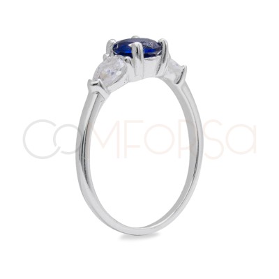 Sterling Silver 925 Solitaire Ring with Sapphire and Crystal Colored Zirconia