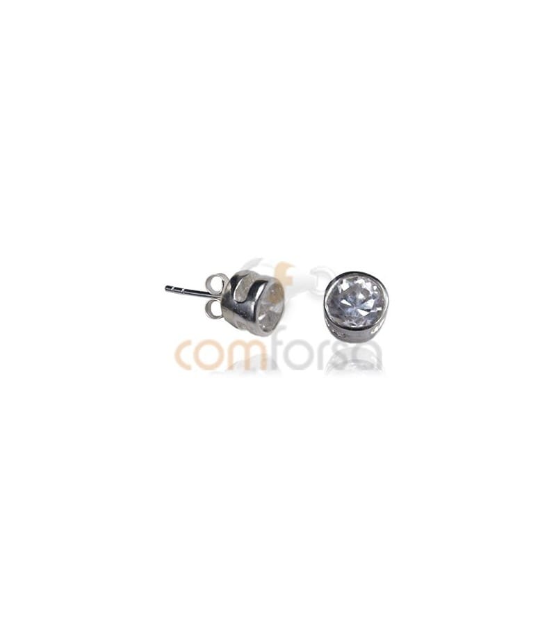 Sterling Silver 925 Round Zircon Ear Post Rhodium 6.8mm