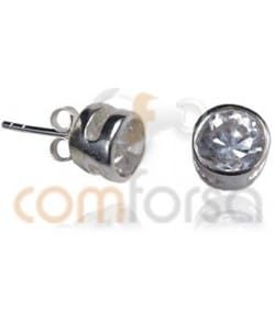 Sterling Silver 925 Round Zircon Ear Post Rhodium 6.8mm