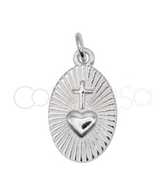 Sterling Silver 925 oval medallion cross & heart 10 x 17 mm