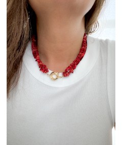 Red coral double necklace with golden bolt clasp 45 cm