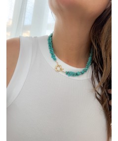 Collar doble turquesa con reasón dorado 45 cm