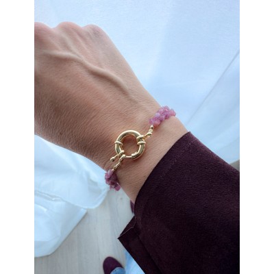 Pink Tourmaline stones double bracelet with golden bolt clasp 21 cm