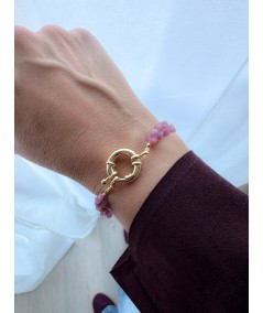 Pink Tourmaline stones double bracelet with golden bolt clasp 21 cm
