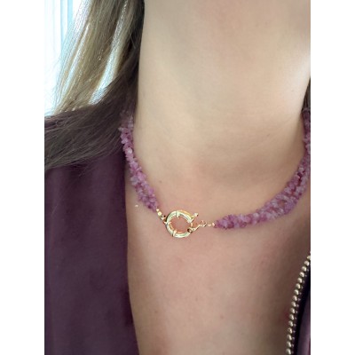 Collar doble piedra Pink Tourmaline con reasón dorado 45 cm