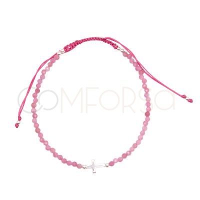 Pulsera Turmalina Rosa con cruz plata