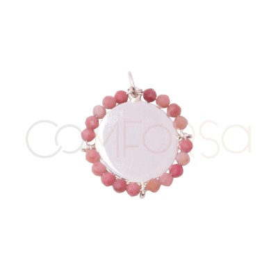 Engraving + Sterling silver 15 mm plain medallion with rhodonite