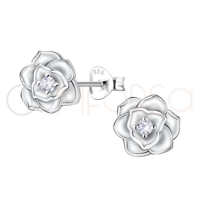 Pendiente de flor Rosa con circonita