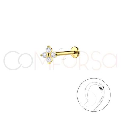 Piercing flor 4 mm de cuatro circonitas plata chapada en oro
