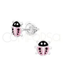 Aretes mariquita rosa purpurina 7 x 6 mm Plata 925