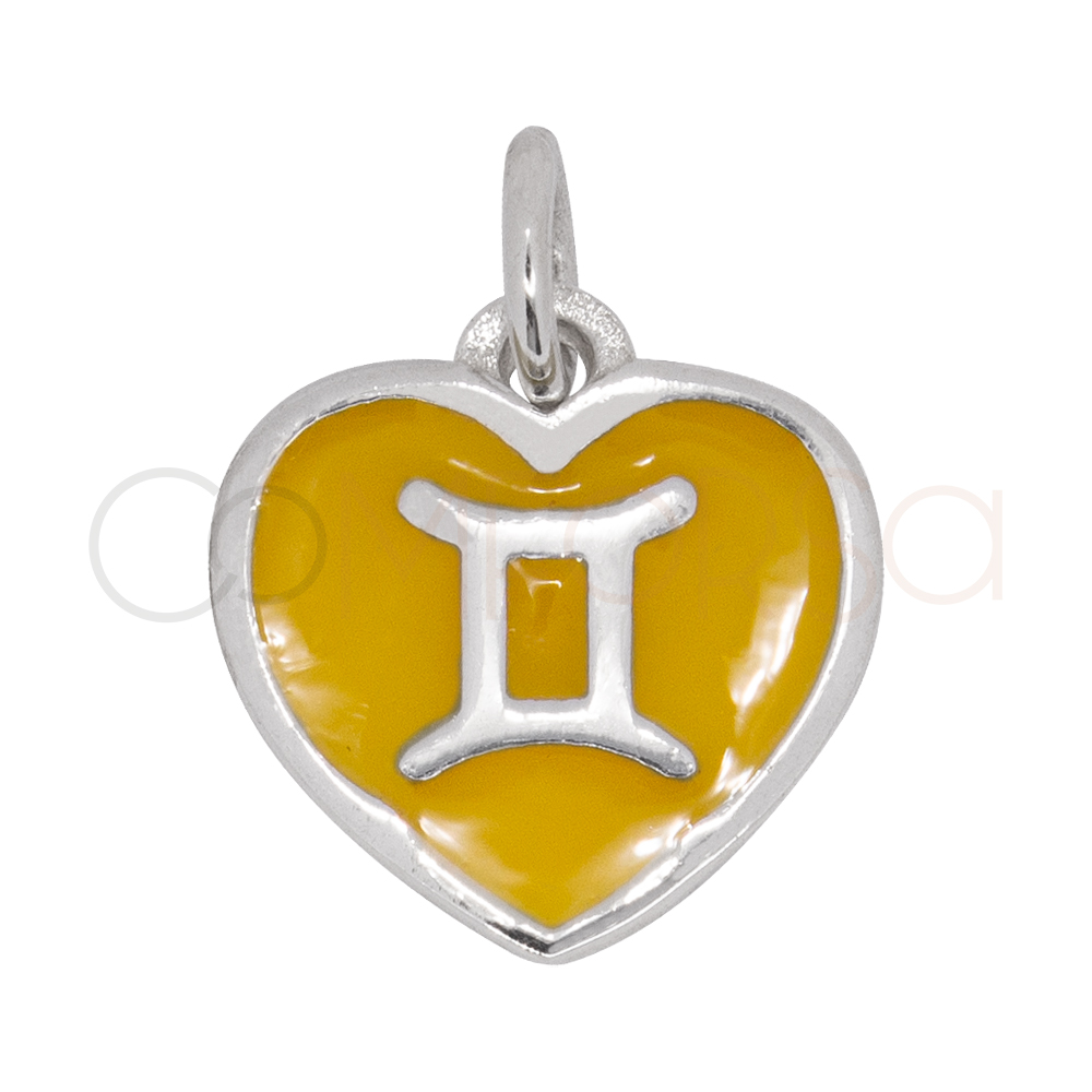 Pendentif cœur Gémeaux en émail Jaune 11 mm argent 925